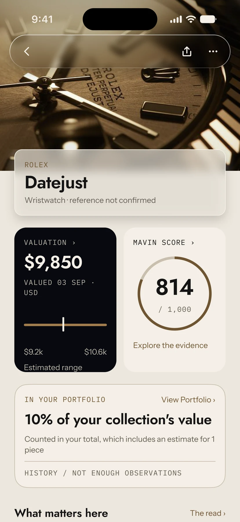 A Mavin record for a sample watch with an estimated range and Mavin Score