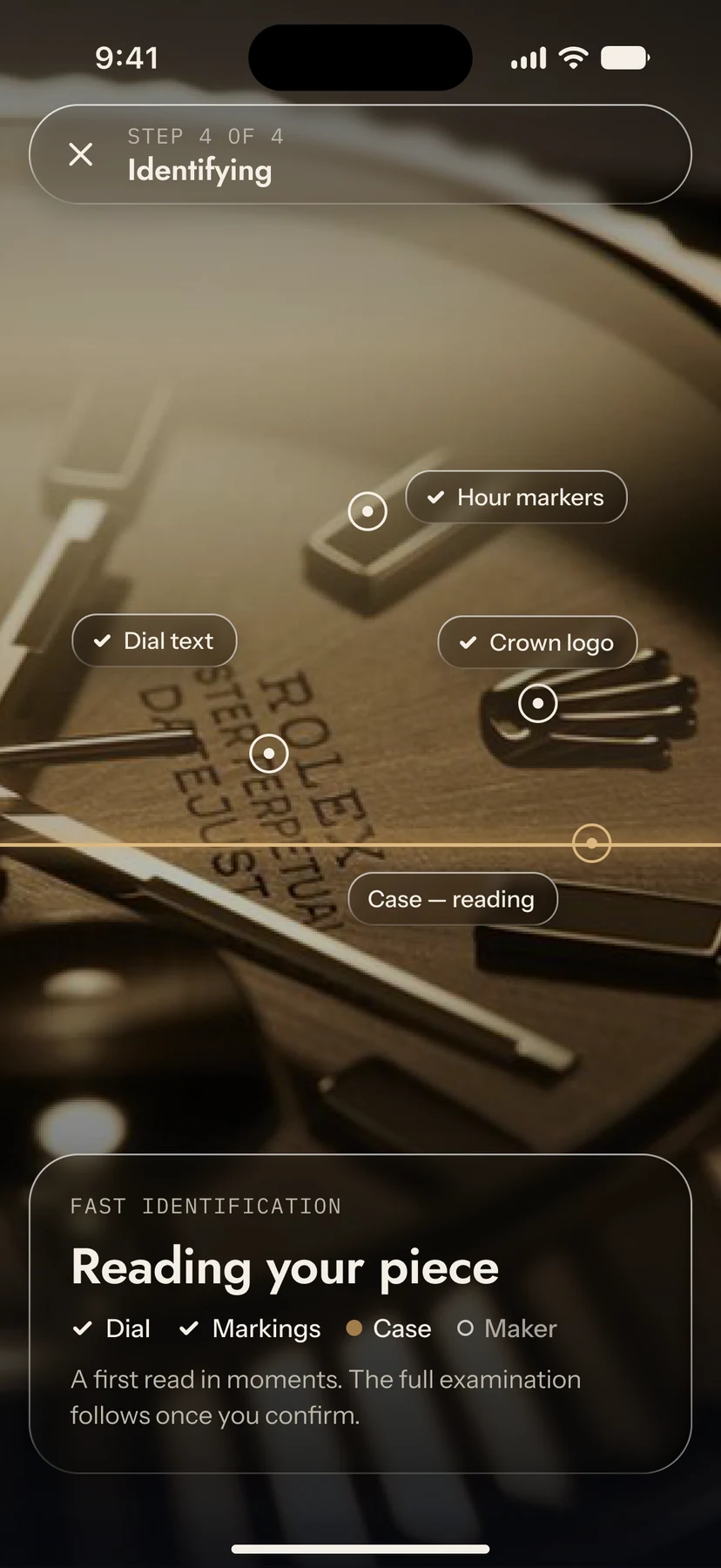 Mavin reading a watch dial: hour markers, dial text and crown logo checked